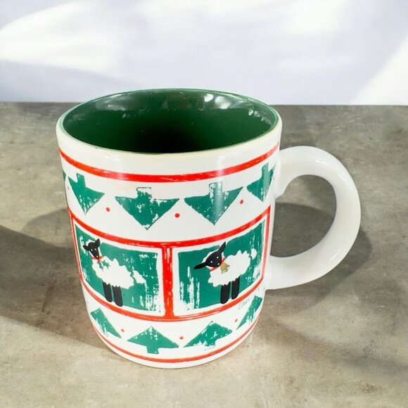 Vintage K I C Christmas Coffee Cup Mug Lambs Sheep Trees Made in Korea Ceramic - Picture 1 of 15